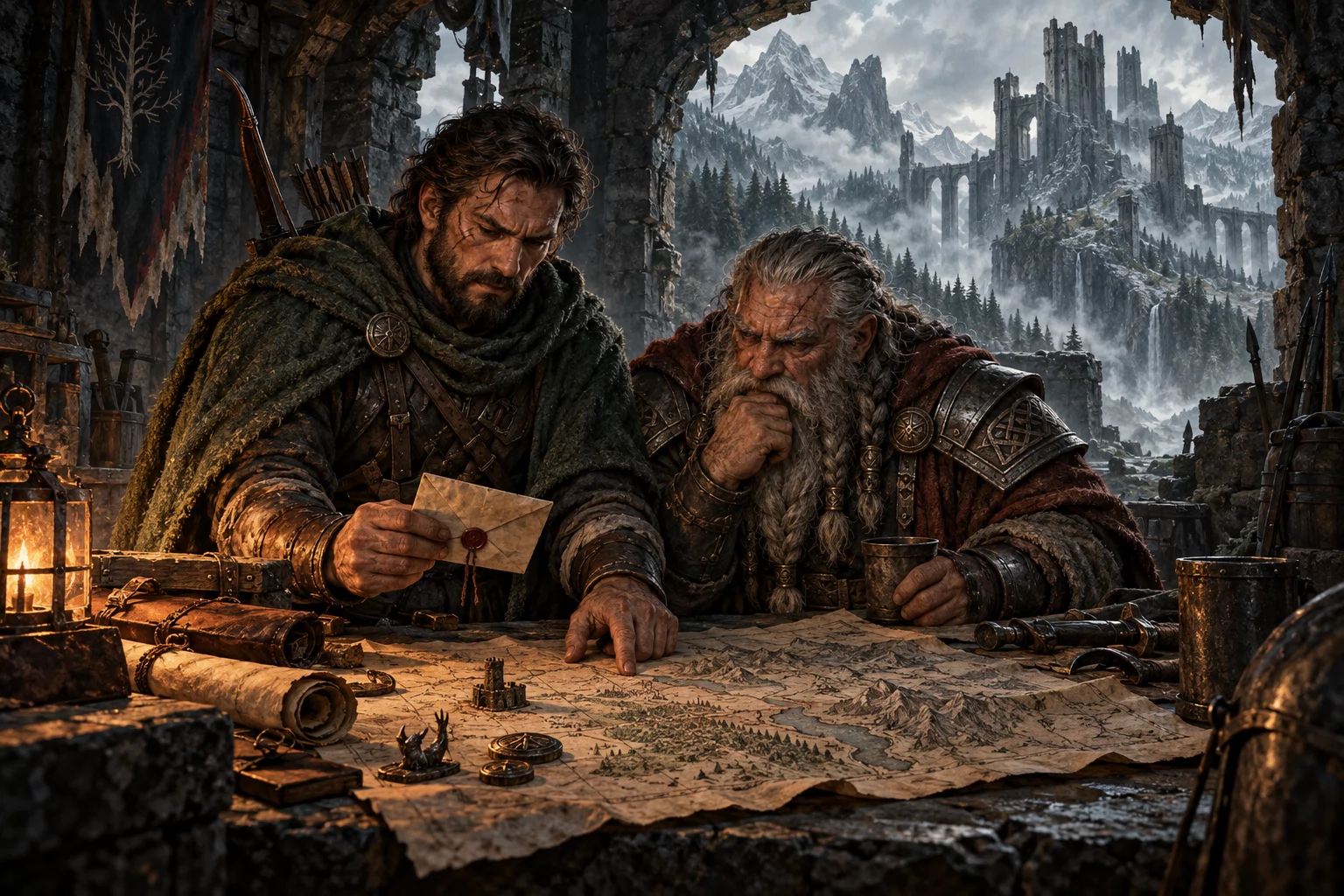 A ranger and dwarf study a map and sealed letter before an expedition to a mountain fortress.