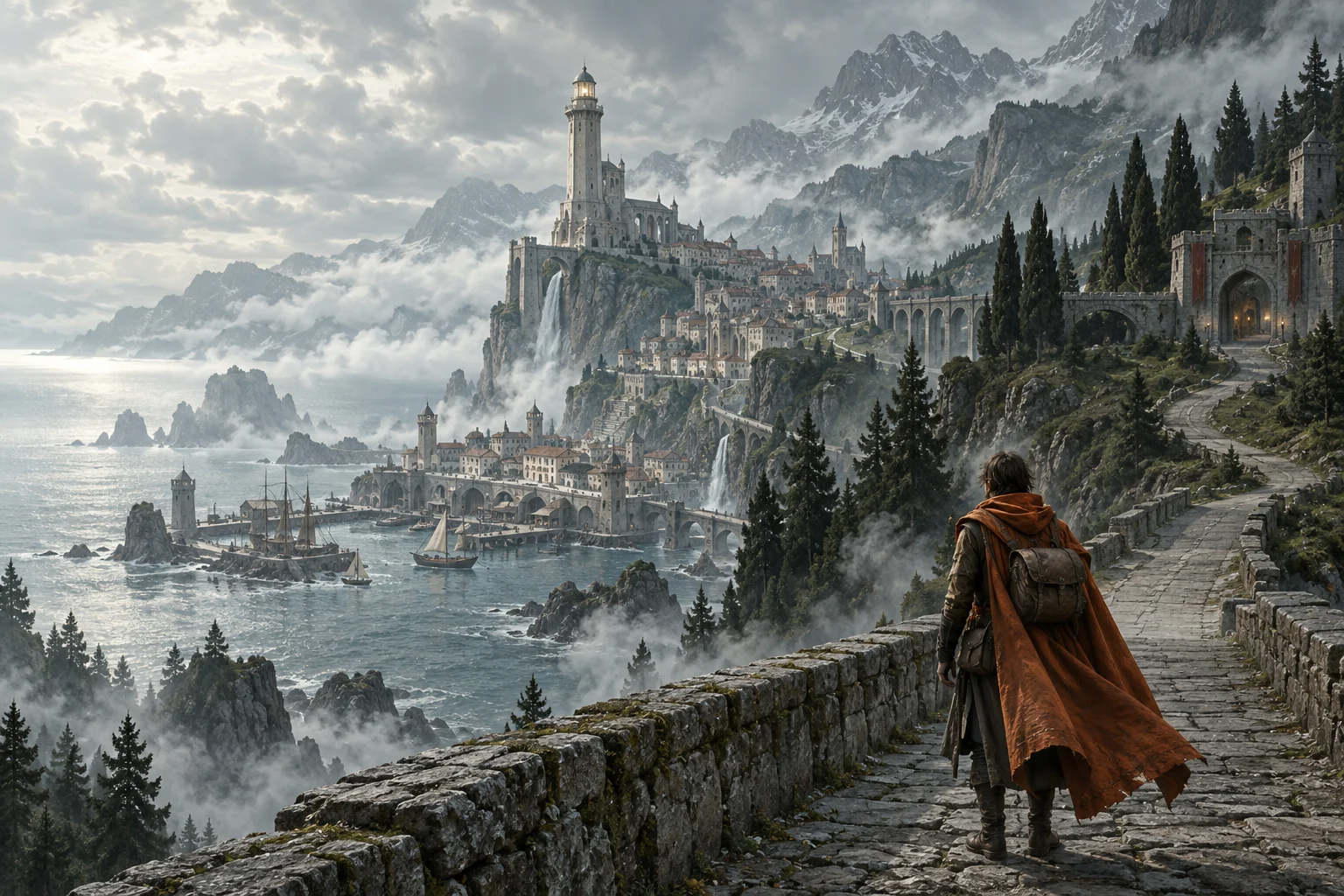 A traveler on a stone bridge faces a coastal city and lighthouse in the mist.